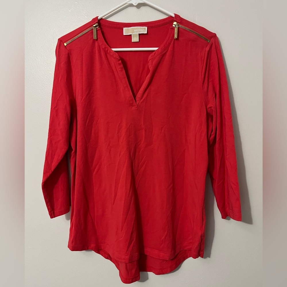 MICHAEL KORS Red V-Neck Blouse with Gold Zipper Accents